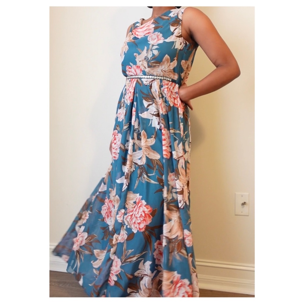 Kate & Lily Floral Sleeveless Maxi Dress - Blue and Pink